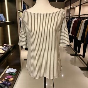 Banana Republic White & Black Striped Off Shoulder Top Size L Flutter Sleeve Blo